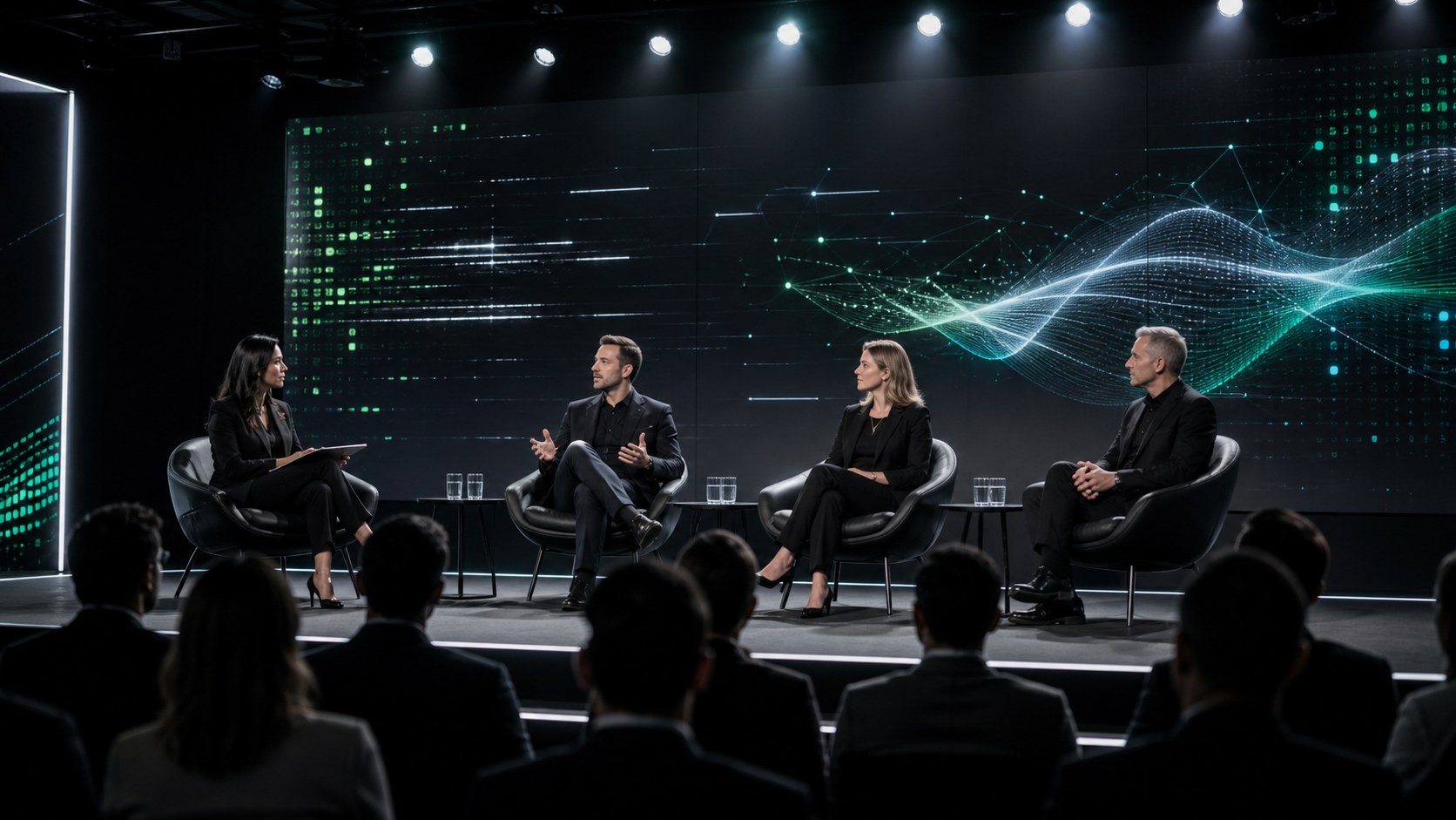 Business leaders networking at a technology event